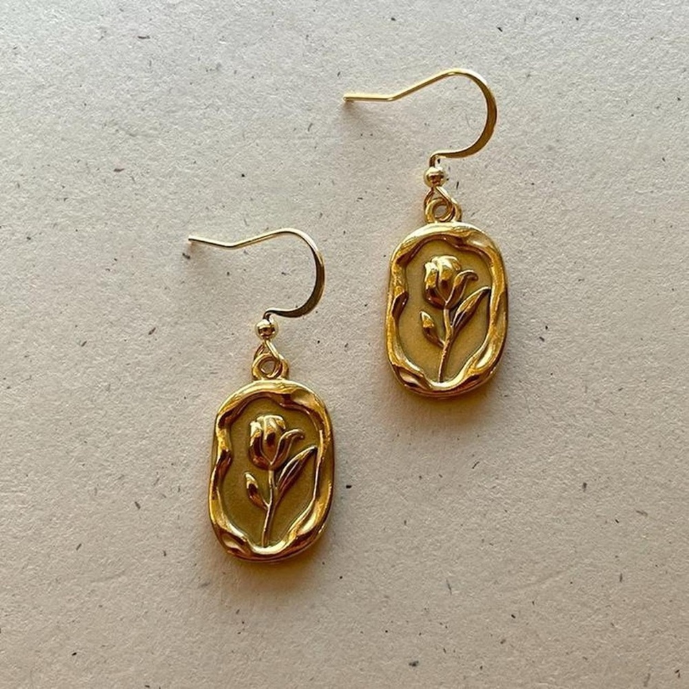 Gold Rose Flower Charm Dangle Earrings